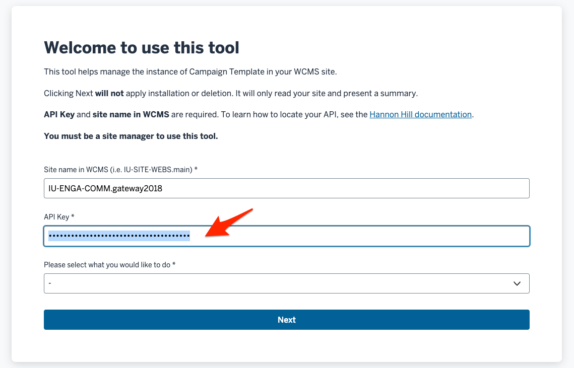 Screenshot showing where to enter API key