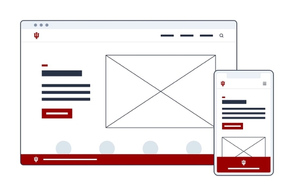 A website wireframe with crimson accents, displayed in a desktop computer in the background and mobile device in the foreground.
