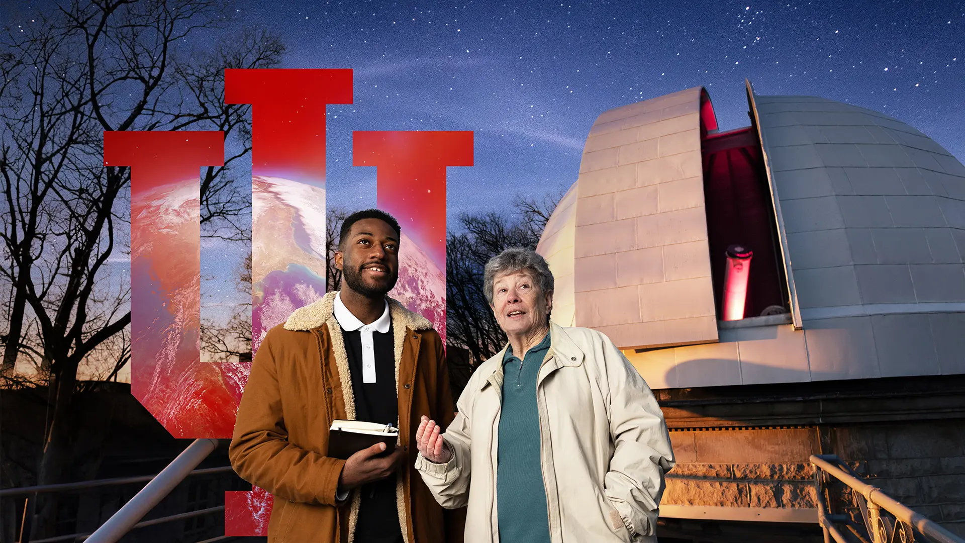 Two people standing in front of an observatory look up, with the night sky illuminating them from behind. The IU trident reflects the view of the earth from space.
