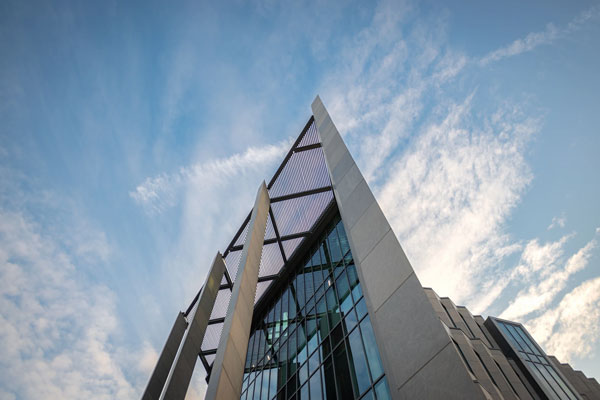 Looking up towards a blue sky as the backdrop, a dramatic view of the outside of Luddy Hall captured from below.