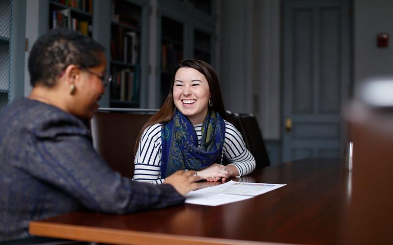 IU student talking to academic advisor.