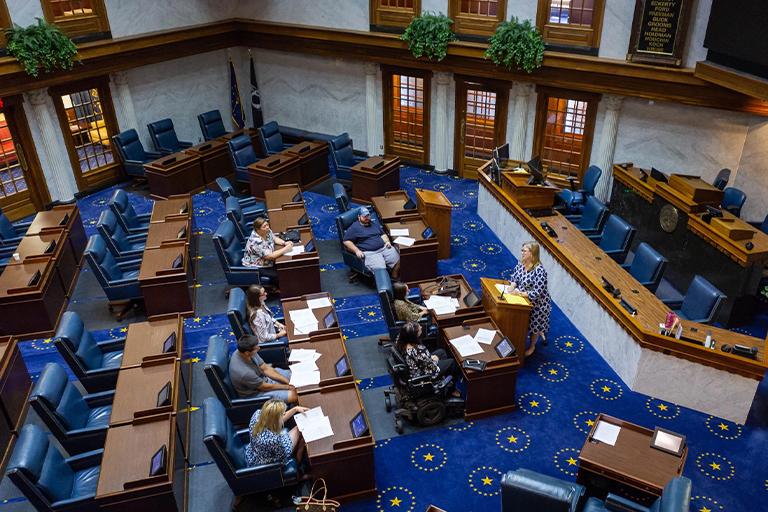 Students attending class at the Indiana statehouse.