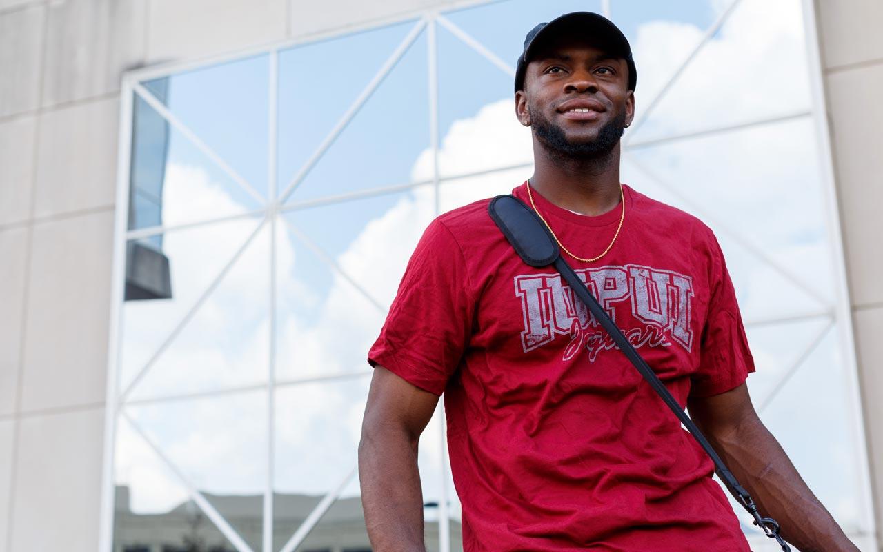 IUPUI transfer student standing outside.
