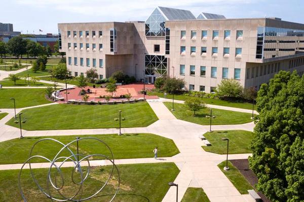 Exterior of IUPUI library and courtyard.