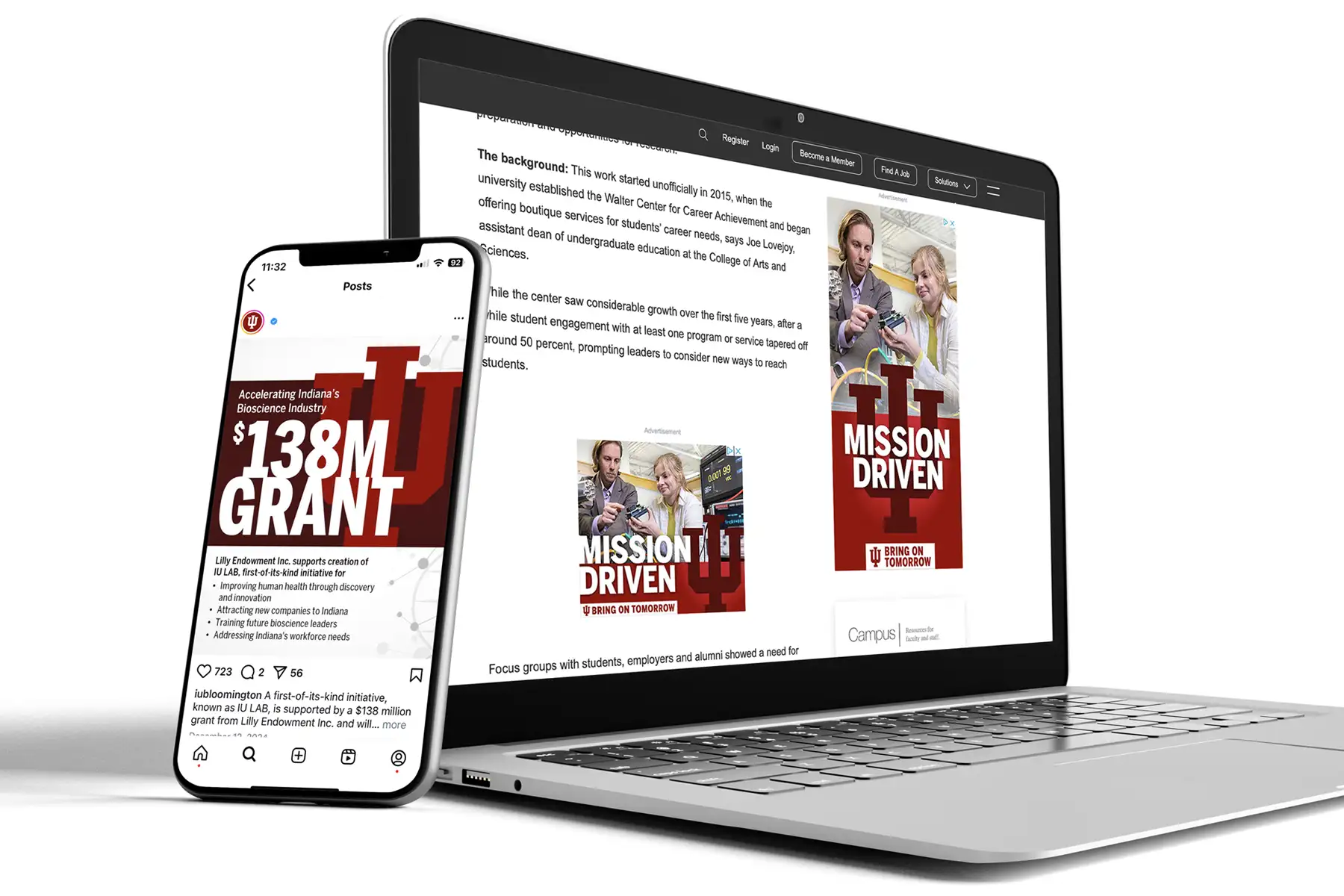 A mobile device resting against a laptop each showing a digital campaign ad