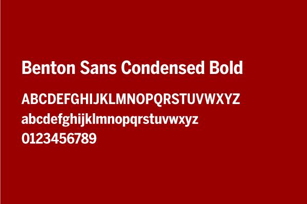 The Benton Sans Condensed Bold typeface is visualized using capital and sentence case letters A to Z, as well as numbers 0 to 9.