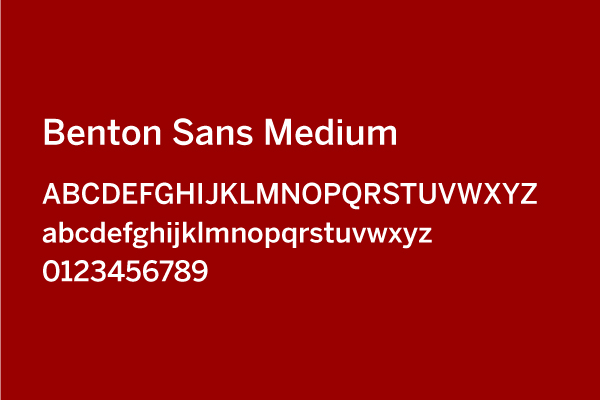 The Benton Sans Medium typeface is visualized using capital and sentence case letters A to Z, as well as numbers 0 to 9.