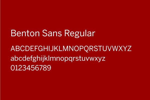The Benton Sans Regular typeface is visualized using capital and sentence case letters A to Z, as well as numbers 0 to 9.