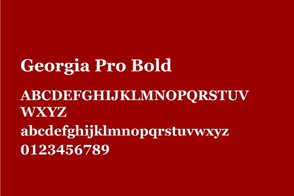 The Georgia Pro Bold typeface is visualized using capital and sentence case letters A to Z, as well as numbers 0 to 9.