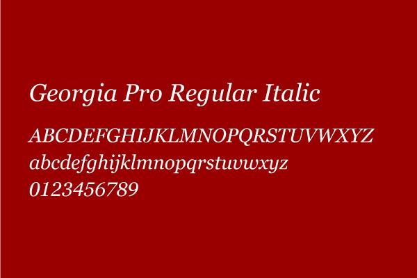 The Georgia Pro Regular Italic typeface is visualized using capital and sentence case letters A to Z, as well as numbers 0 to 9.