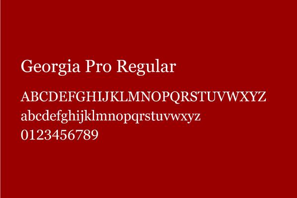 The Georgia Pro Regular typeface is visualized using capital and sentence case letters A to Z, as well as numbers 0 to 9.