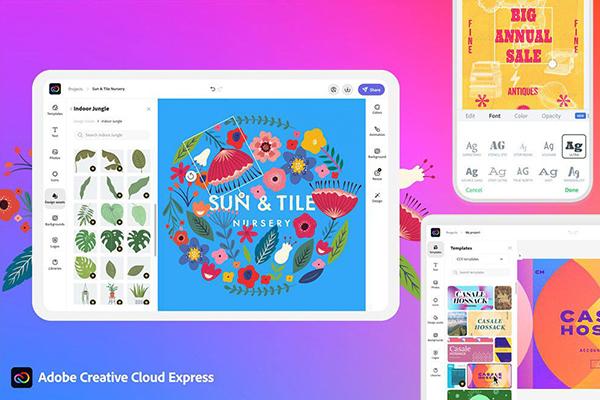 A mockup with a colorful gradient background displays a tablet with an Adobe Express artboard.