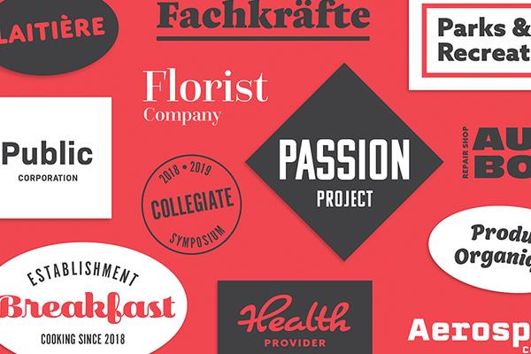 An assorted composition of typefaces promoting Adobe Fonts.