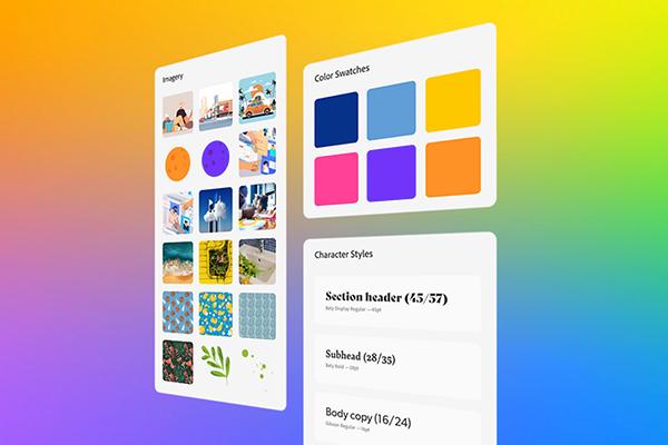 A mockup of three panels promoting the images, color swatches, and character styles that can be created in Adobe CC Libraries.