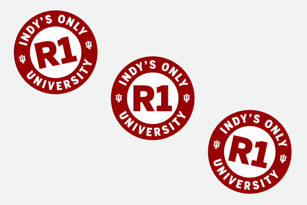 Three red badges reading Indys only R1 university