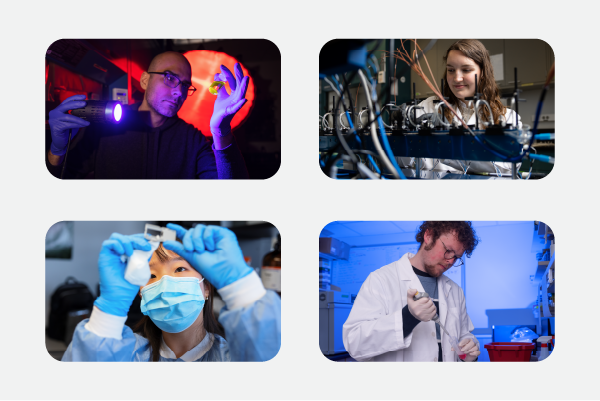 Four photos of IU Indy students conducting research against gray background