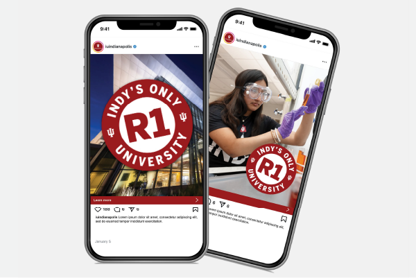 Two phones displaying IU Indy R1 social graphics