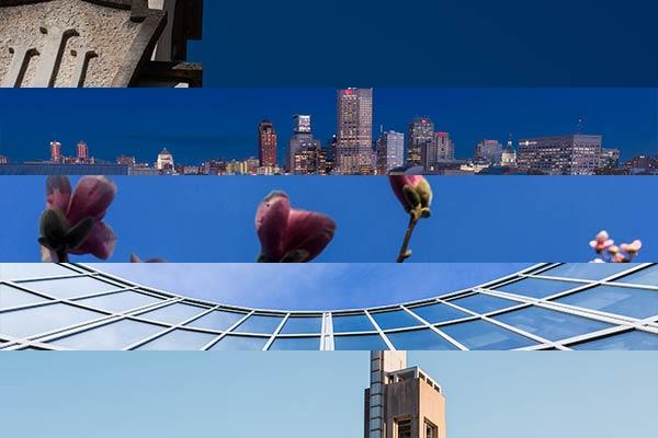 Five cropped images appear all with a range of blue tones. The five images from top to bottom: a limestone trident in front of a dark blue sky, the Indianapolis skyline on a dark blue sky, light pink flowers reach into a blue sky, building windows reflect the blue cloudy sky, the IUPUI campus center reaches into a light blue sky.