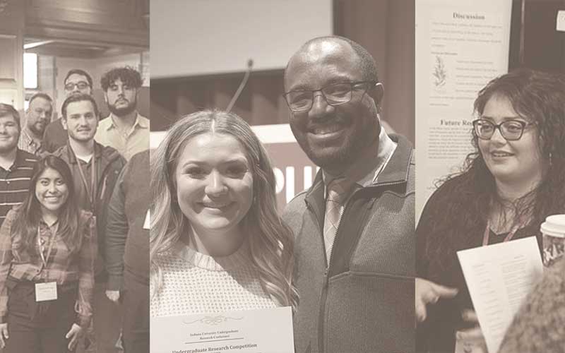 Three panel image of IU Undergraduate Research Conference Participants with a red filter.