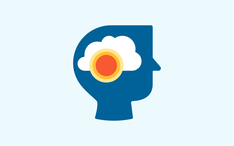 A silhouette of a person's head looking to the right, with a stylized sun in front of a cloud superimposed inside the head.