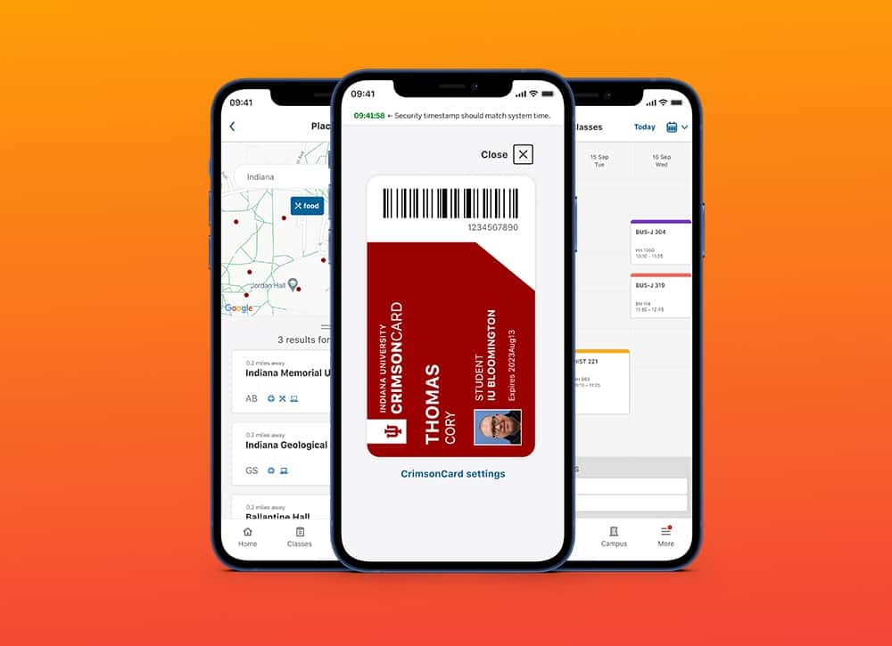 Screenshot of IU Mobile showing some of the features such as Crimson Card, campus map, and class schedule.